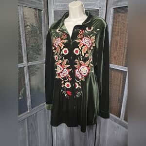 Embroidered Velvet Button Down Shirt - Green